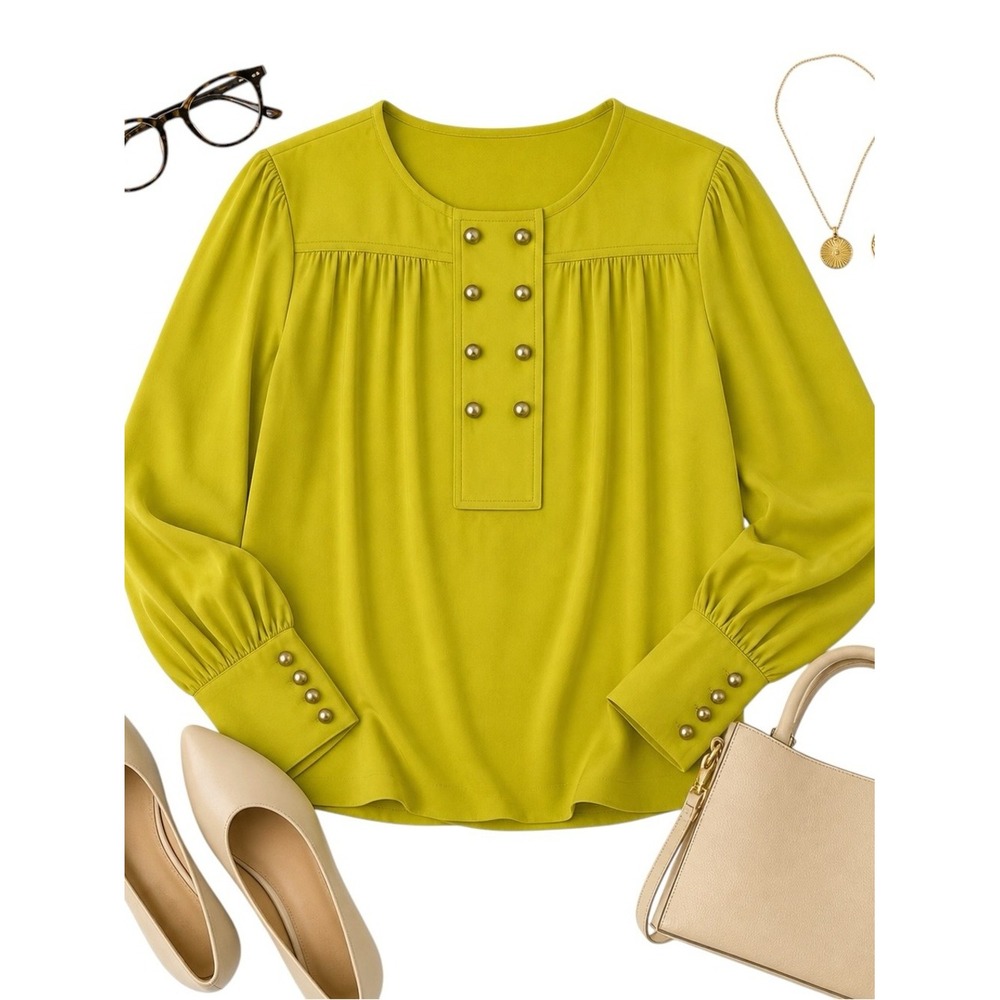 Anne Klein Vintage Chartreuse Silk Button Front Long Sleeve Blouse Womens Sz 14